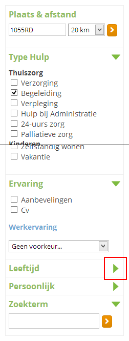 Zoekfilter op de zoekresultaten pagina